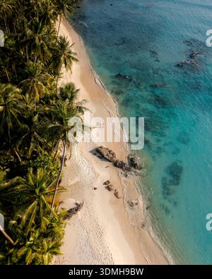 Erleben Sie die atemberaubende Schönheit des Takhian Beach auf Koh Kood, Thailand. Dieser ruhige Ort bietet goldene Sandstrände, wogende Palmen und türkisfarbenes W Stockfoto