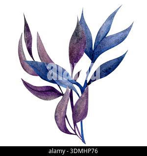 Ein Aquarellgemälde mit einem Arrangement aus violetten und blauen Blättern. Das Bildmaterial steht vor einem weißen Hintergrund. Stockfoto