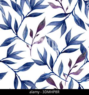 Ein nahtloses Aquarellmuster mit violetten und blauen Blättern auf weißem Hintergrund. Stockfoto