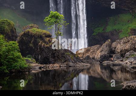 K50 Wasserfall im Naturschutzgebiet Kon Chu Rang, Gia Lai, Vietnam – Tag und Nacht Stockfoto