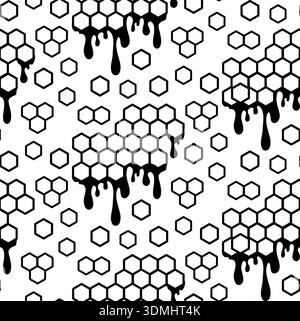 Nahtloses schwarz-weißes Wabenmuster mit tropfenden Formen. Geometrische Sechsecke in Kombination mit flüssigen Tropfen sorgen für einen starken grafischen Kontrast und einen modischen Look Stock Vektor