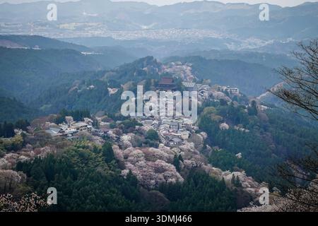 Großer Blick auf eine Bergstadt mit Kirschblüten im Yoshinoyama-Nationalpark, Japan. Stockfoto