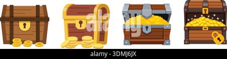 Die Kollektion „Treasure Chest Icon Set“ im flachen Stil. Geldkasten-Vektor-Illustration auf isoliertem Hintergrund. Business Concept für Finanzcontainer. Stock Vektor