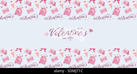 Valentinstag-Design mit Umschlägen, Eis, Geschenkkartons, Schleifen und Text zum Valentinstag Stockfoto