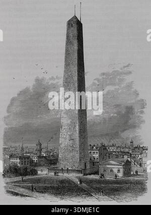 Boston, Massachusetts, Usa. Bunker Hill Monument. 1843 eingeweiht, wurde es an der Stelle der Schlacht von Bunker Hill (17. Juni 1775) errichtet. Gravur. Historia biográfica de los Presidentes de los Estados Unidos (Biographische Geschichte der Präsidenten der Vereinigten Staaten). Veröffentlicht in Barcelona von Montaner y Simón, 1885. Stockfoto