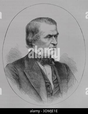 Andrew Johnson (1808-1875). 17. Präsident der Vereinigten Staaten von Amerika (1865-1869). Hochformat. Gravur. Historia biográfica de los Presidentes de los Estados Unidos (Biographische Geschichte der Präsidenten der Vereinigten Staaten). Veröffentlicht in Barcelona von Montaner y Simón, 1885. Stockfoto