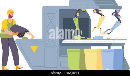 Müllsortiermaschine. Farbabbildung der Recyclingfabrik isoliert auf weißem Hintergrund Stock Vektor