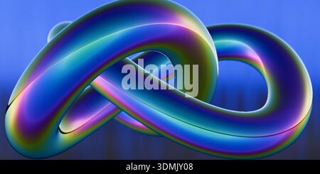 Ein bunter irisierender Knoten mit glatten Kurven vor blauem Hintergrund. 3D-Rendering Stockfoto