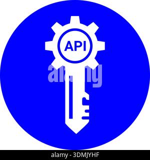 Blaues kreisförmiges API-Schlüsselsymbol mit Zahnrad- und Schlüsselsymbol für sichere Softwareintegration Stock Vektor