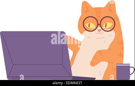 Smart Cat Work auf dem Laptop. PET-Programmiergerät in Brillen isoliert auf weißem Hintergrund Stock Vektor