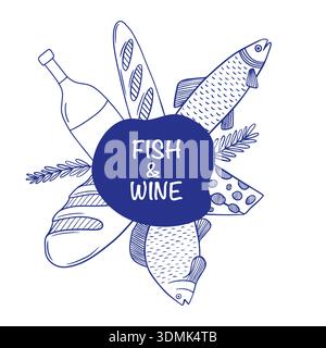 Menü-Rahmen mit Fisch-, Brot- und Weinskizze Stock Vektor