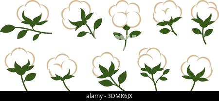 Set aus 10 flachen Baumwoll-Pflanzen-Symbolen mit grünen Blättern und weißen Büschen. Vektor-Kollektion für Öko-Labels, Textildesign und Agrarthemen Stock Vektor