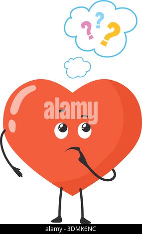 Der Herzcharakter in Frage stellt. Denken Maskottchen-Zeichentricksymbol isoliert auf weißem Hintergrund Stock Vektor