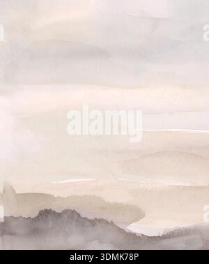 Abstrakte, minimalistische Aquarelllandschaft mit ruhigen Beige- und Kohlegrauen-Tönen im vertikalen Format Stockfoto