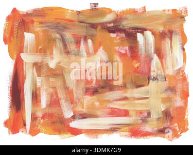 Abstrakte Acrylstruktur mit gemalten, detaillierten Pinselstrichen auf Leinwand. Rauer Pinsel tupft Farblinien ab. Acrylschmierfleckfarbe Wand. Orange Stockfoto