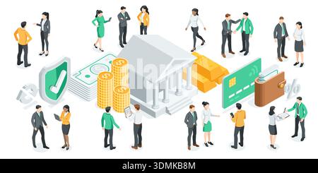 Isometrisches Vektorkonzept Geschäftsleute und Bankgebäude mit Geld- und Goldbarren, in Farbe auf weißem Hintergrund, Banken und Finanzierung für Unternehmen Stock Vektor
