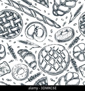 Nahtloses Muster mit Brot, Kuchen, Donuts, Croissant. Vektor Hand gezeichnete Skizze Illustration von frischem Gebäck. Backwarenmenü Hintergrund, Textil pri Stock Vektor