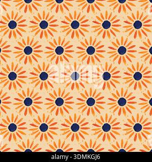 Lebendiges, abstraktes, nahtloses Blumenmuster mit handgemalten orangefarbenen Sonnenblumen mit dunkelblauem Zentrum auf hellbeigem Hintergrund. Ideal Stock Vektor