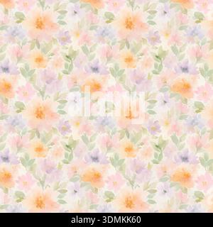 Weiches, Pastellfarbenes, Nahtloses Blumenmuster In Aquarellfarben. Handbemalte Frühlingsblumen und Blätter auf hellem Hintergrund. Vektor-Illustration für Stoff, Tapeten Stock Vektor