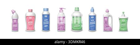 3D-Reinigungsmittel. Waschpulver. Reinigungsmittelflasche. Flüssige Kapselpackung. Bleichreiniger. Ökologischer Toilettenreiniger. Geschirrspülpaket. Haushaltschemikalien. Modell-Set für Vektorverpackungen Stock Vektor