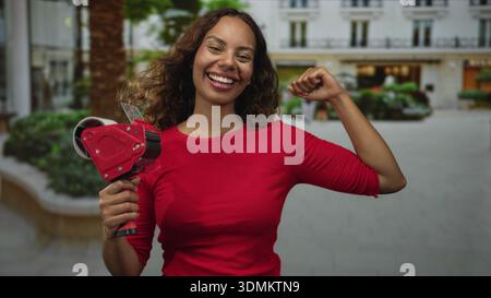 Frau, die Packband in der Hand hält und lächelt, während sie in einer Fußgängerzone mit Gebäudefassade Bizeps bicelt; Zuversicht. Stockfoto