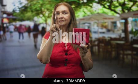 Eine hispanische Seniorin in rotem Kleid hält eine rote Geschenkbox mit Schleife und zeigt den Zeigefinger in Richtung Kamera in einer belebten Fußgängerzone; Erwartungsgeber Stockfoto
