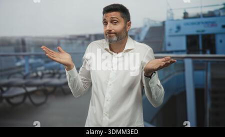 Mann zuckt Handflächen auf dem Deck des Kreuzfahrtschiffes, weißes Hemd, offene Handflächen sichtbar und Kopf in einer lässigen zuckenden Geste geneigt; Ungewissheit Reisemoment. Stockfoto