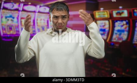 Mann, der die Brust mit der rechten Hand berührt, mit weißem Pullover, vor beleuchteten Spielautomaten in einem Casino stehend, mit einem angespannten Gesichtsausdruck Stockfoto