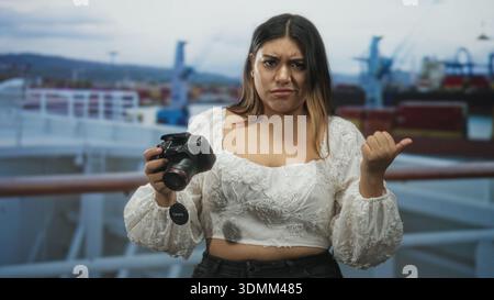 Frau, die eine dslr-Kamera mit sichtbarer Objektivkappe hält, Stirnrunzeln und Hand an Stirn zeigt, während sie mit der anderen Hand auf das Schiffsdeck in der Nähe von Frachtkranen zeigt; frustrat Stockfoto