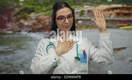 Die hispanische Ärztin in weißer Uniform mit Stethoskop leistet an einem sonnigen Strand eine Eid-Geste, die auf Professionalität im Freien hinweist. Stockfoto