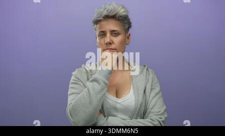 Kaukasische Frau mit kurzen Haaren und grauem Hoodie mit Hand am Kinn im Studio; besinnliche Ruhe. Stockfoto