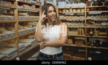 Frau zeigt mit dem Zeigefinger auf die Regale in einem Bastelstudio zwischen Holzschalen und Schneidebrettern, lächelt und bewegt selbstbewusst Stockfoto