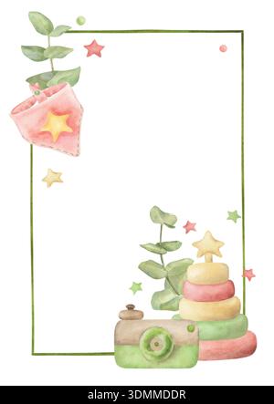 Eine Babyduschkarte mit umweltfreundlichem Holzspielzeug. Eine handgezeichnete Aquarellillustration mit Pyramide, Kamera, Eukalyptus und Lätzchen. Für Stockfoto