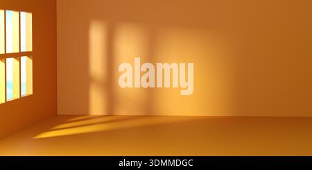 Leeres minimalistisches Zimmer mit orangefarbenen Wänden und Holzfenstern. Sanftes Sonnenlicht und Schattenwurf an Wand und Boden. 3D-Renderhintergrund mit Kopierraum für Stockfoto
