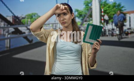 Junge Frau, die auf einer befahrenen Straßenbrücke in der Nähe des Kanals die Hand an die Kehle drückt, sichtbares Unbehagen und Lernschild; Lernstress. Stockfoto