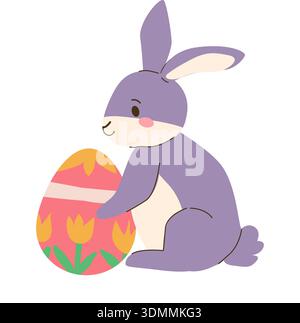 Comic osterhase mit osterei. Niedliches Kaninchen in flacher Art isoliert auf transparentem Hintergrund. Stock Vektor