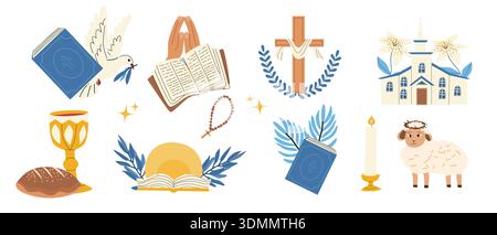 Süßes christliches Osterelement Set mit Jesus, Kreuz, Bibel, Kirche, Taube, Lamm und Lilie. Religiöse Zeichentricksymbole im flachen Vektor-Stil. Stock Vektor