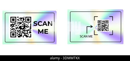 Scan Me QR-Code-Aufkleber-Rahmen. Quadratische Vektorränder mit Pfeilen und Piktogrammen, holografische Hintergründe für Telefon-Apps, Online-Shops und modernes UI-Design. Stock Vektor
