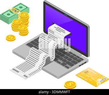 Laptop mit Scheck, Kreditkarten und Geld. Internet-Shopping und elektronische Online-Zahlungen Konzept. Isometrische Symbole. Isolierte Vektordarstellung Stock Vektor