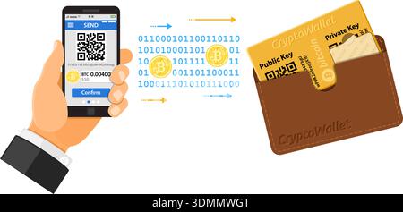 Konzept der Kryptowährungstechnologie. Die Hand hält das Mobiltelefon mit Bitcoin in Kryptowährung für Handel, Kauf, Verkauf, Mining von Bitcoins und Überweisung an Stock Vektor