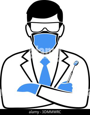 Medizinisches Konzept mit Zahnarztcharakter, Zahnspiegel und Zahn. Flache zweifarbige Symbole. Isolierte Vektordarstellung Stock Vektor