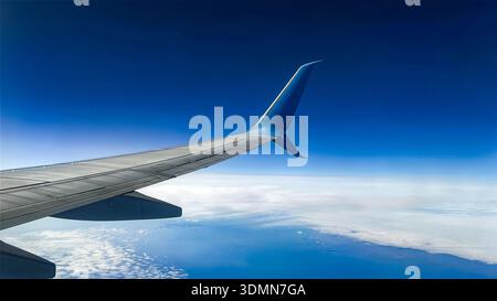Flugzeugflügel über den Wolken und blauem Himmel. Blick aus dem Flugzeugfenster. Reise- und Urlaubskonzept Stockfoto