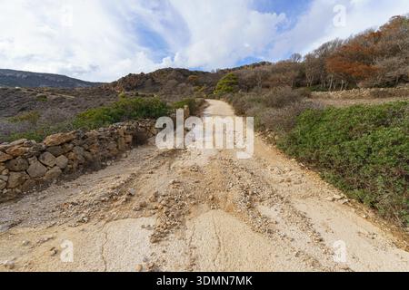 Eine unbefestigte Straße im zerklüfteten Hinterland von Levanzo, stark erodiert und durch den jüngsten starken Regen ausgewaschen, mit tiefen Spurrillen und beschädigtem Gelände, symbolisiert Stockfoto