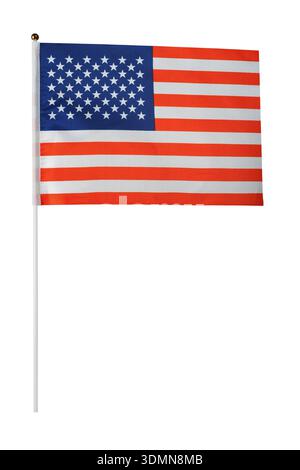 USA-Flagge auf einem Stock isoliert auf weißem Hintergrund Stockfoto