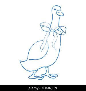 Gänse mit Coquette-Schleife im Outline-Stil. Vektor niedlicher Vogel, isoliertes Designelement. Lustiges Nutztier. Skurriles, dekoratives blaues Clipart. Vektorabbildung. Stock Vektor