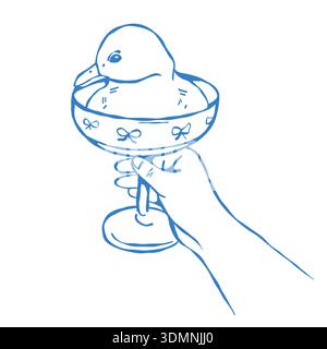Eine Hand hält ein Glas mit einem Entlein drin. Romantische Umrissillustration für Ostern und Frühlingsferien. Lineare Vektorgrafik in Blau. Stock Vektor