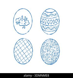Sammlung blauer Ostereier im Umrissstil. Satz einfacher Zeilensymbole. Vektorlinien-Symbole von Eiern mit Ornamenten. Set mit Osterillustrationen. Stock Vektor