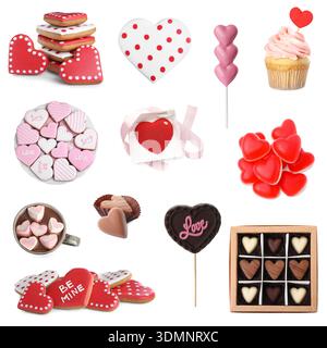 Verschiedene herzförmige Süßigkeiten für Valentinstag-Feier isoliert auf weiß, Set Stockfoto