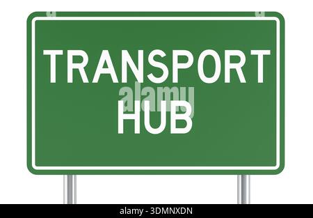 Verkehrsknotenpunkt, grünes Straßenschild. 3D-Rendering isoliert auf weißem Hintergrund Stockfoto