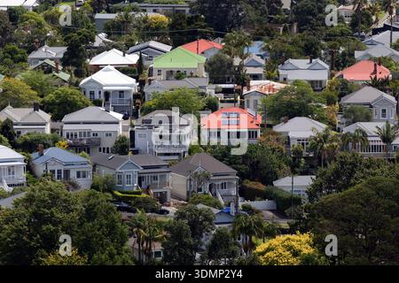 Häuser und Wohndächer im Vorort Devonport, einem grünen Küstenviertel an der Nordküste von Auckland, Auckland, Neuseeland. Stockfoto